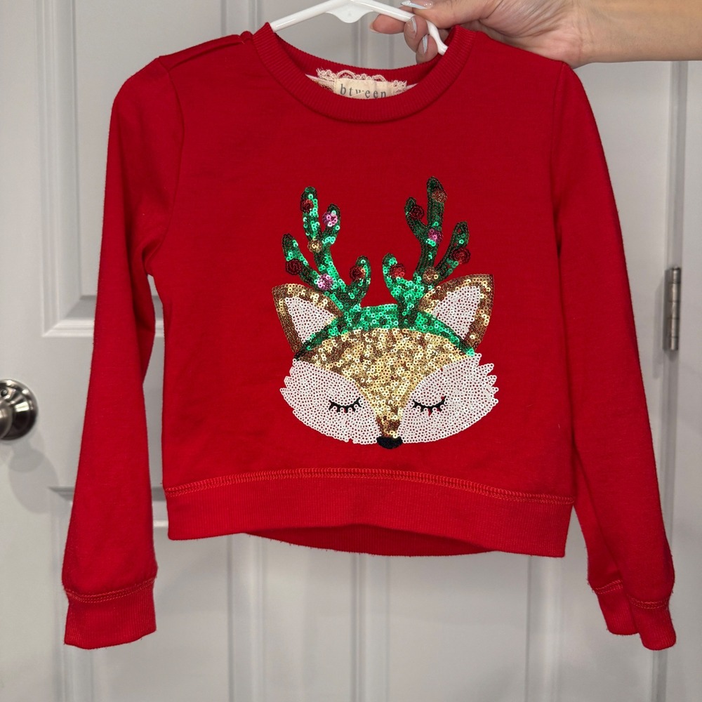Btween Girls Red Sequin Fox Holiday Sweatshirt Size 4 Christmas Reindeer Antlers